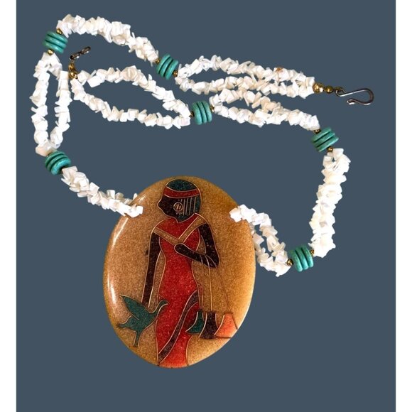 Egyptian Large Inlay Pendant Necklace With Mother Of Pearl Chips Turquoise Beads - Picture 3 of 6